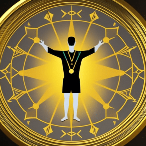 An image of a person in a room, with hands outstretched, palms up, looking up, with a glowing gold-hued Ethereum coin in the center of the room