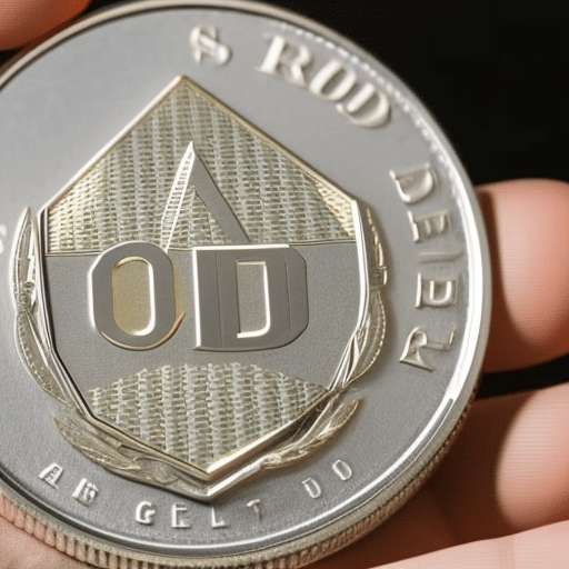 -up of a gold and silver coin with an Ethereum logo, held in the palm of a hand with a USD bill next to it