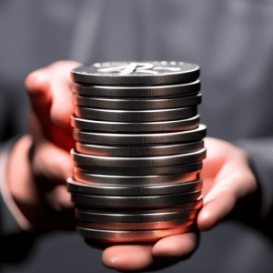 -up of a hand holding a stack of coins with the Ethereum logo, lit by a spotlight, against a black background