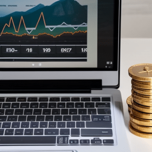 laptop with a chart showing the increasing price of Ethereum over time, accompanied by a stack of physical coins