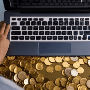 -up of a person's hands typing on a laptop, surrounded by piles of coins and a calculator, with a crypto graph projected above