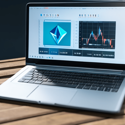 laptop with an Ethereum logo on the screen, open to a chart of the value of Ethereum over time