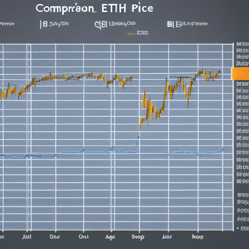 showing the comparison of Ethereum (ETH) and Bitcoin (BTC) prices over time, with ETH and BTC symbols highlighted
