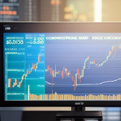 -up of a computer monitor displaying a graph of a cryptocurrency price chart, with a rising line and the ETH ticker visible
