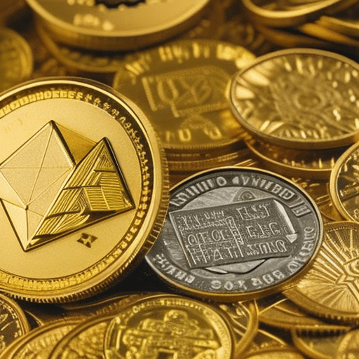 -up of a gold coin engraved with the Ethereum symbol, surrounded by Ethereum-themed coins of varying denominations