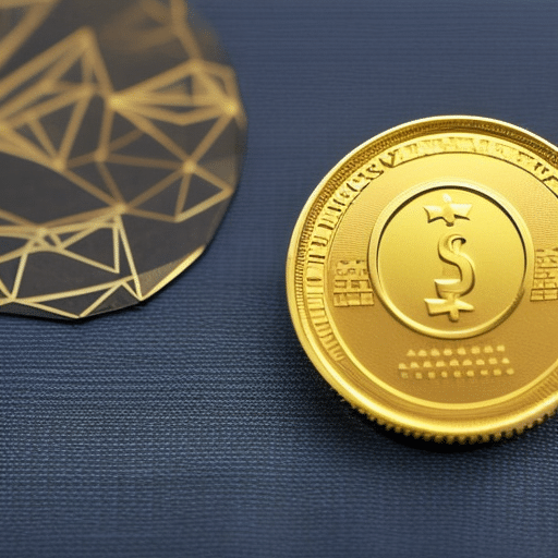 up of a hand holding a gold-colored Ethereum coin with a US Dollar bill in the background