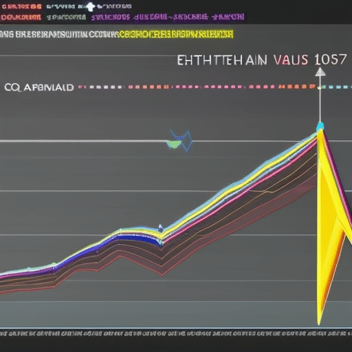 Ful chart showing the rise and fall of Ethereum values over time, with a bright arrow pointing up