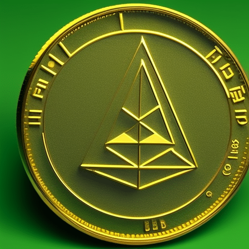 A gold Ethereum coin on a green background, with a chart showing the increase in value from 12 to the current USD price