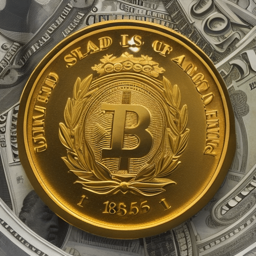 T image of a gold coin with a number 185 stamped on it, surrounded by a halo of US dollar bills