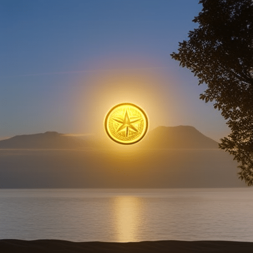 E of a glowing golden Ethereum coin hovering above the horizon, with the sun rising behind it