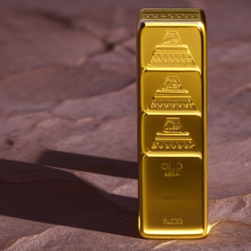 E of a gold bar with two Ethereum coins stacked on top, reflecting light and shimmering in the foreground
