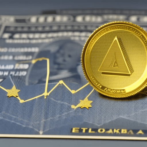Colored Ethereum coin rising against a US dollar bill, with a graph of its value in the background