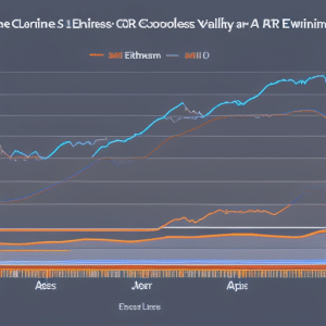 of two different colored lines representing Ethereum values over time, with peaks and valleys that illustrate volatility