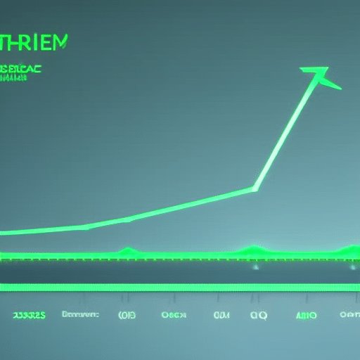Ated 3D graph of a rising arrow with a bright green hue to indicate the rising market price of Ethereum