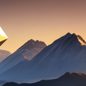 Ract image of a golden, glowing block of Ethereum hovering over a landscape of 22 mountains