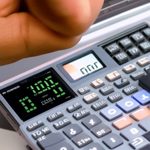 -up of a calculator with a hand hovering over the display, adjusting the currency conversion from ETH to USD