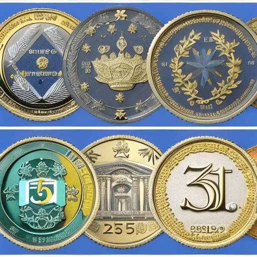 illustration of 25 ETH coins in different currencies, each with their own unique design