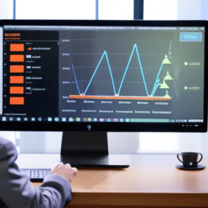 N in front of a laptop with a graph of the 0