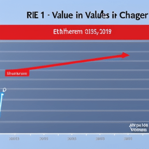 Nd white graph chart with a line indicating the changes in Ethereum value over time, alongside a blue arrow pointing up to highlight an increase in value