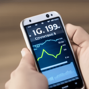 -up of a hand holding a smartphone with a graph of a cryptocurrency price on the display