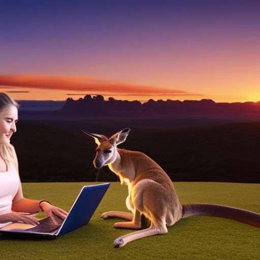Australian woman checking Ethereum prices on a laptop against a colorful sunset backdrop with a kangaroo grazing in the background