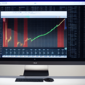 N looking up at a computer monitor with a graph of the Ethereum price trend in the background