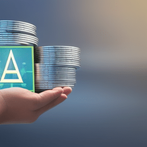 A hand holding a stack of cash and a glowing Ethereum coin with a "For Sale"sign