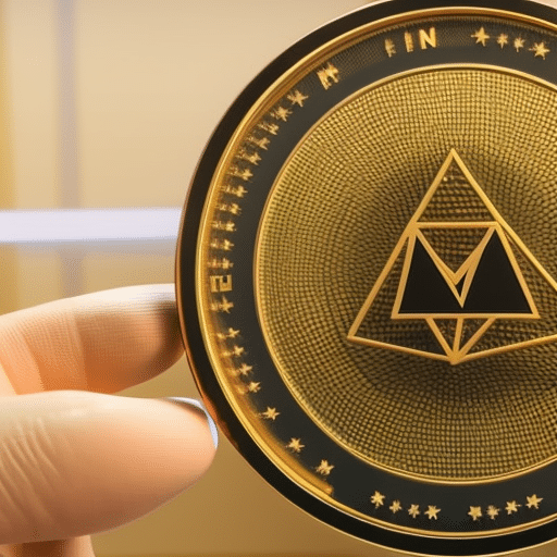 Hand holding a gold-colored coin with the Ethereum logo on it, set against a backdrop of a graph with a rising line