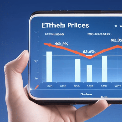 up of a hand holding a smartphone with a graph of a line with a sharp upward trend, representing increasing Ethereum prices