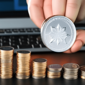 up of a hand holding a stack of Australian coins with a few Ethereum coins on top, in front of a laptop with an open online trading platform