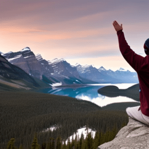 N in Canada looking up to the sky with an enthusiastic expression, their hands clasped together in excitement, a Canadian flag flying in the background