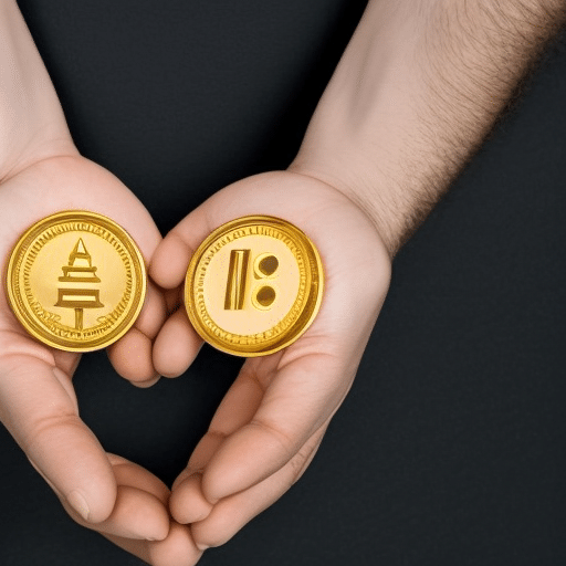 E of two hands clasped together, with one hand holding a stack of Ethereum coins, and the other hand holding a golden key