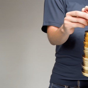 N holding a stack of Ethereum coins, with a calculator in the other hand, adding up the number of coins to convert to the other cryptocurrency