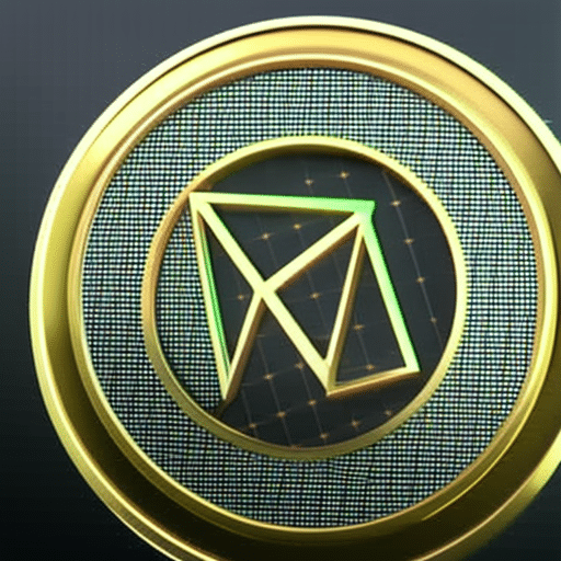Lden Ethereum coin, spinning slowly against a black background with a green and blue digital graph of the current price