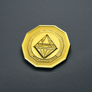 -up of a gold-plated Ethereum coin, glinting in the light, with a ruler next to it to show its size