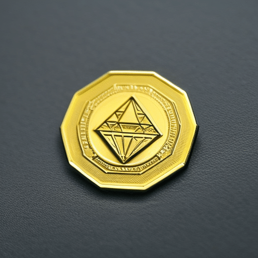 -up of a gold-plated Ethereum coin, glinting in the light, with a ruler next to it to show its size