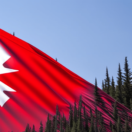 T image of a Canadian flag with a golden blockchain-style pattern, overlaid with a gradient of colors representing current Ethereum price in CAD