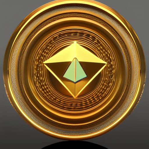 Ract, 3D visual of a golden Ethereum coin being weighed on a scale that is surrounded by colorful, glowing orbs
