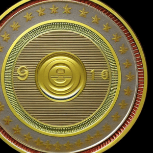 Trimmed, 3-dimensional Ethereum coin spinning in a concentric circle of blue, green, and red coins, each with different values