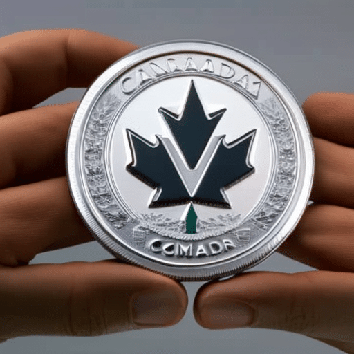 An image of two hands, one holding an Ethereum coin, the other holding a Canadian dollar bill, side by side to compare