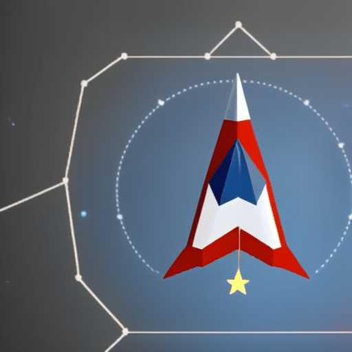 of Ethereum graphic in the shape of a rocket flying upwards, with a small flag planted on the peak