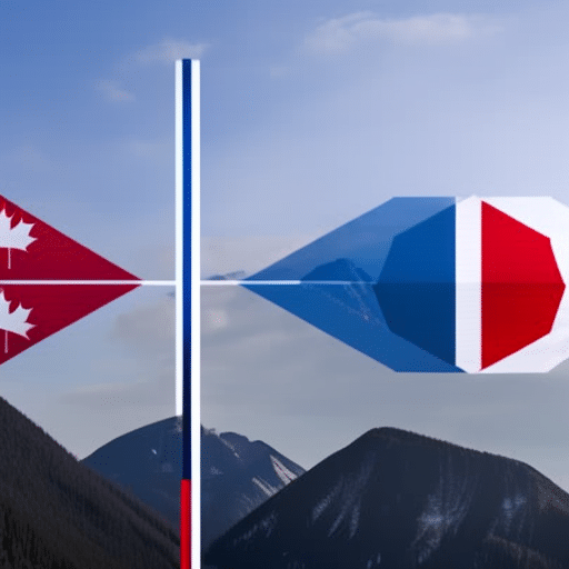A visualization of two Canadian flags side-by-side with a multicolored chart in the center to compare the Ethereum prices in each country