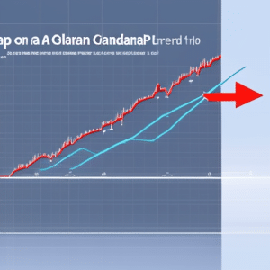 Stration of a person standing on a giant graph of Ethereum's Canadian price trend, with the line showing a significant upswing