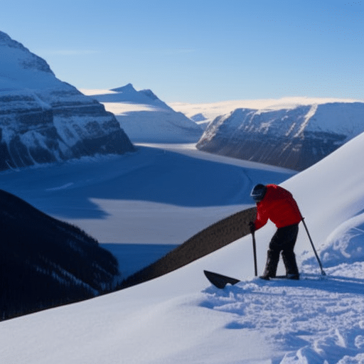 E of a Canadian winter landscape with a miner shoveling snow from the top of a mountain, a pickaxe in the other hand, and the Ethereum symbol peeking through the snow