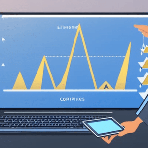 Stration of a person in front of a computer, checking multiple online graphs of Ethereum prices, with a finger pointing at a peak indicating a potential selling opportunity