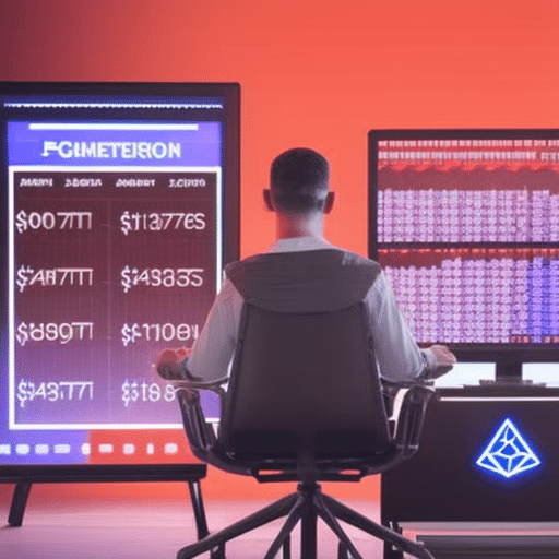 Stration of a person sitting in front of a computer, with a graph of Ethereum prices projected on the screen
