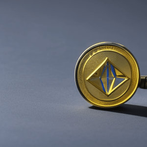 -up of a blue and yellow Ethereum coin, with a magnifying glass hovering over it, with its reflection in a graph of the UK Ethereum price