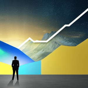 An abstract light blue, yellow and white landscape with a graph in the center to show the Ethereum price over time, a person in the background looking up at the graph, and a hand from the side adding a regulatory symbol to the graph