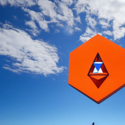 image of a person in Australia, looking at a computer monitor with a bright orange Ethereum symbol, against a blue sky