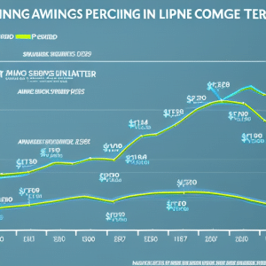 E line graph with increasing price points in shades of blue, overlaid with a rising trend line in green